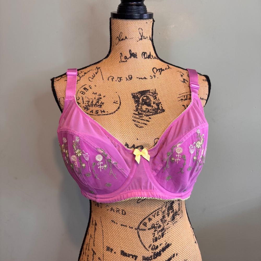 Adore Me 40DDD Pink Floral Embroidered Sheer Mesh Underwire Bra